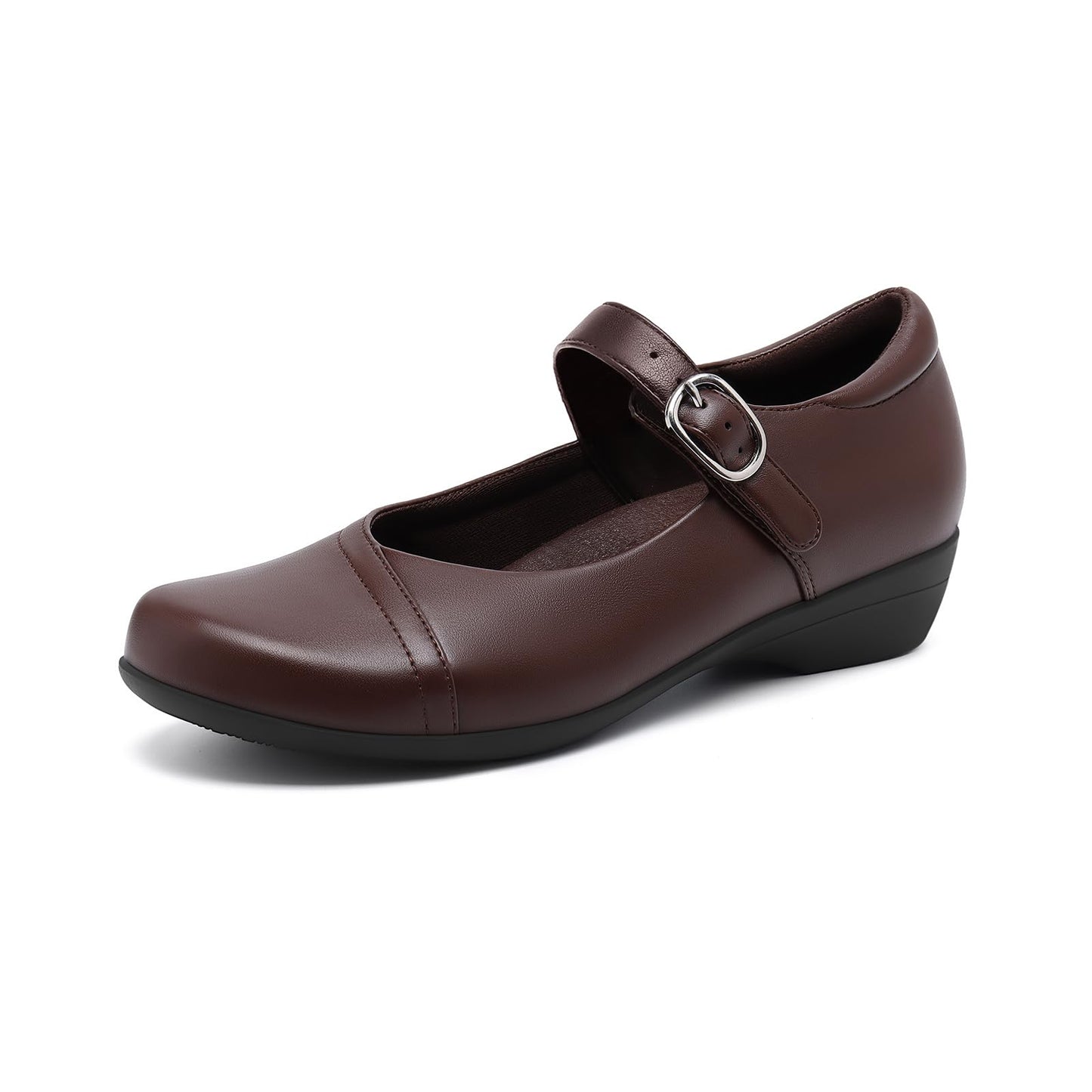 Mary Jane Flats for Women - Comfortable Round Toe Ballet Flats with Buckle Strap Work Shoes Brown