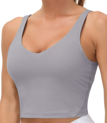 Longline Sports Bra Women Wirefree Padded Medium Support Workout Bra Lavender Grey