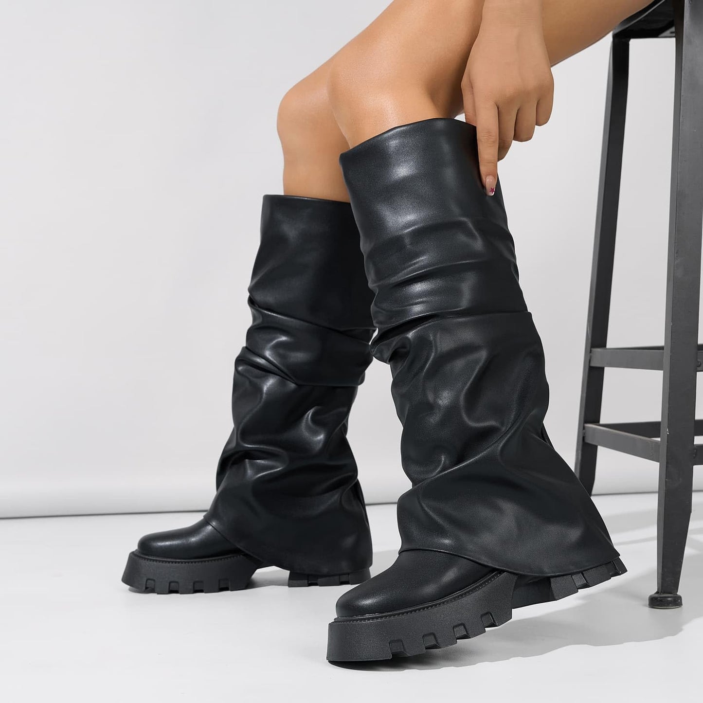 Tasteall Fold Over Boots for Women, Wide Calf Slouchy Boots, Chunky Platform Boots with Mid Calf, Black Size 7