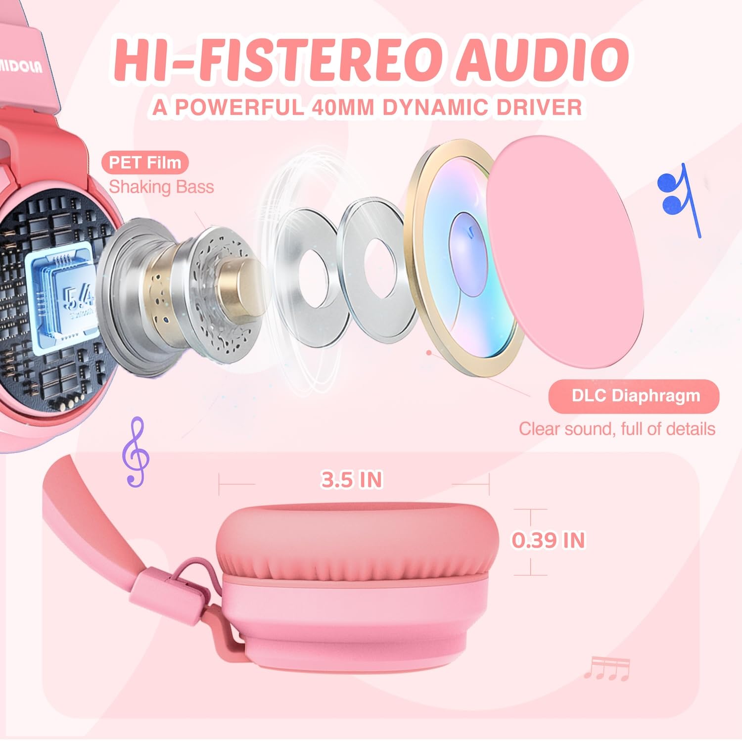 Kids Headphones Volume Limited 85/94dB - Wired Over-Ear Foldable Headset with Microphone Pink