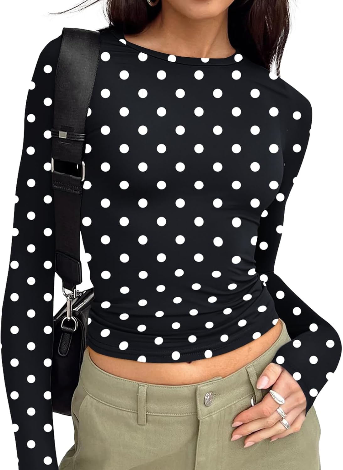 Long Sleeve Crop Top for Women - Stretchy Basic Tee with Crew Neck