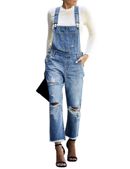 Denim Bib Overalls - Adjustable Loose Fit Jeans Jumpsuit for Women B Blue Tides