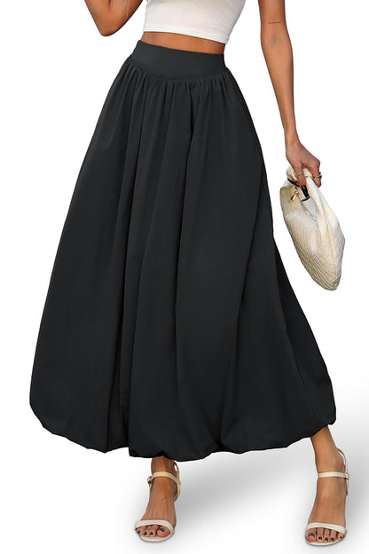 Bubble Skirt with Pockets - Elastic Waist Y2K A-Line Long Skirt for Women Black