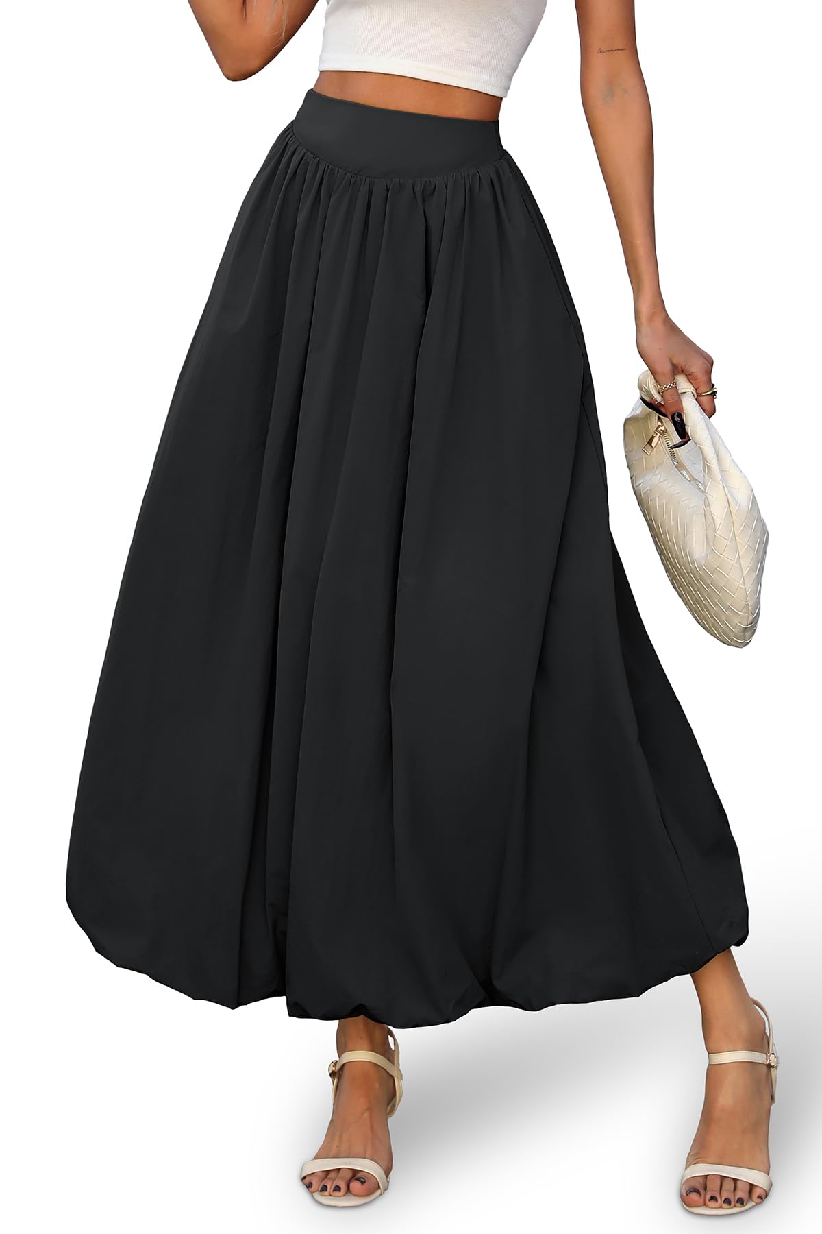 Bubble Skirt with Pockets - Elastic Waist Y2K A-Line Long Skirt for Women Black
