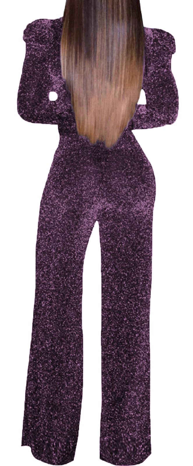 Women's Sparkly Jumpsuits Sexy Long Sleeve Cocktail Elegant Mock Neck Bodycon Straight Long Pants Rompers with Pockets