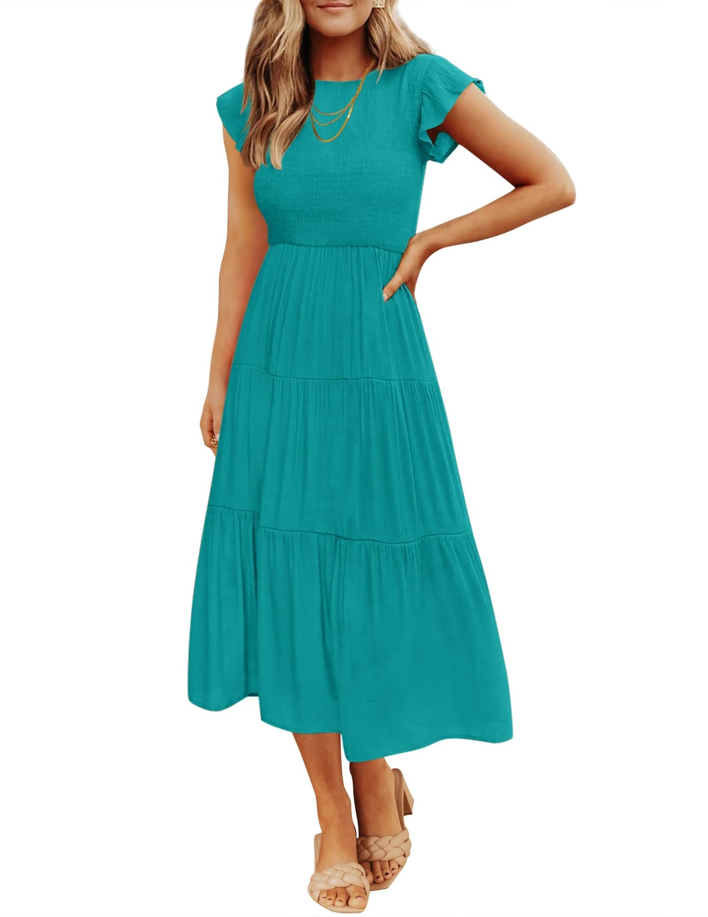 Blue Casual Dresses - Women's Summer Tiered Midi Dress - Flutter Sleeve Smocked Waist Peacock