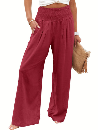 Linen Palazzo Pants Women Wide Leg High Waist Summer Boho Casual Lounge Pants Red