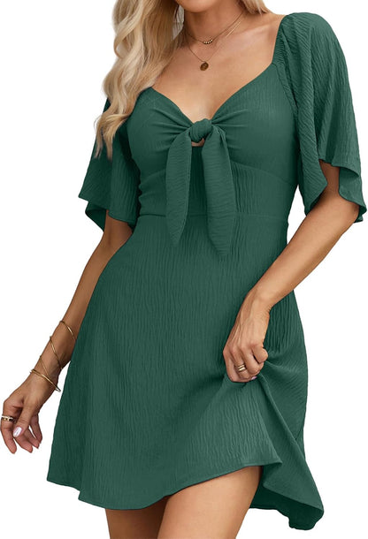 Women's Deep V-Neck Mini Dress with Bow Tie - Elegant Summer Fall Outfit