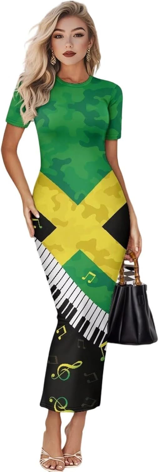 Women's Jamaican Flag Bodycon Midi Dress Short Sleeve Sexy Jamaica