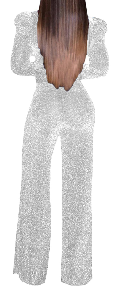 Women's Sparkly Jumpsuits Sexy Long Sleeve Cocktail Elegant Mock Neck Bodycon Straight Long Pants Rompers with Pockets