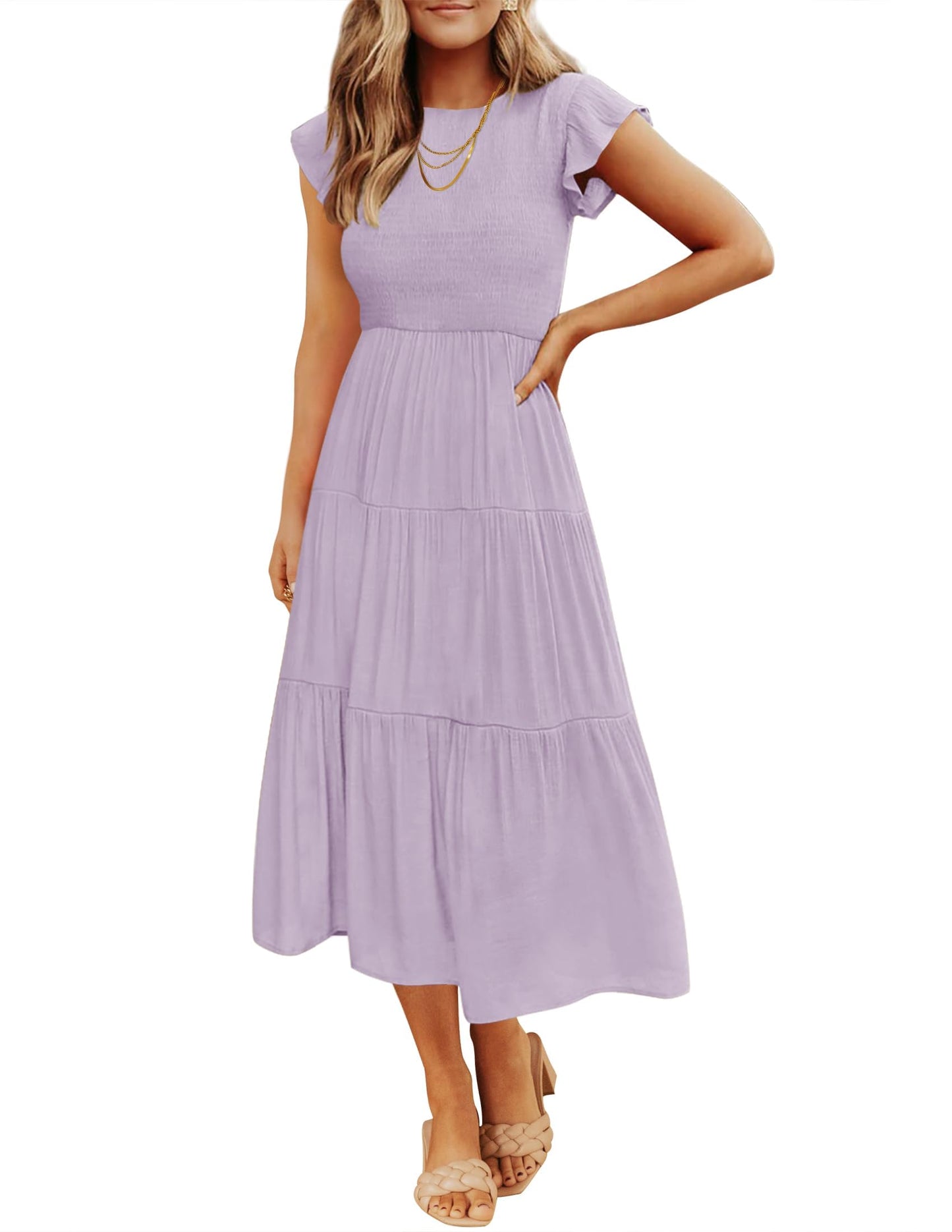 Blue Casual Dresses - Women's Summer Tiered Midi Dress - Flutter Sleeve Smocked Waist