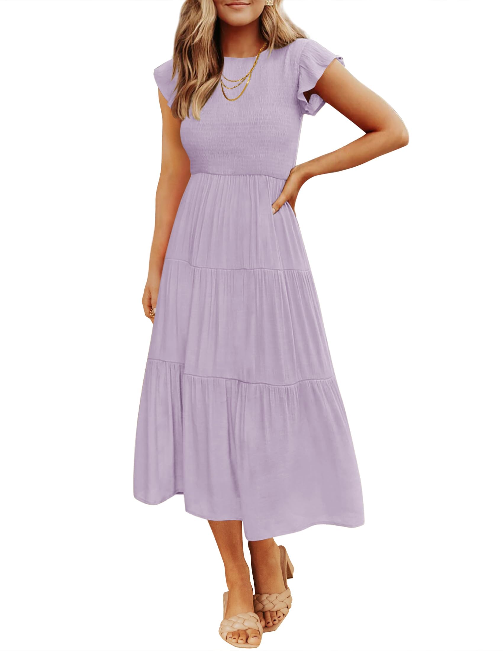 Blue Casual Dresses - Women's Summer Tiered Midi Dress - Flutter Sleeve Smocked Waist
