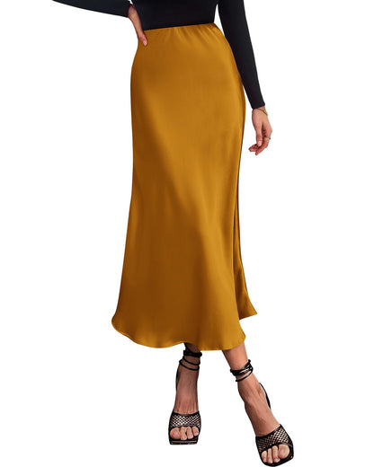 Women's High Waist Satin Midi Skirt - Elegant A-Line Flowy Party Wedding Skirt Brown Yellow