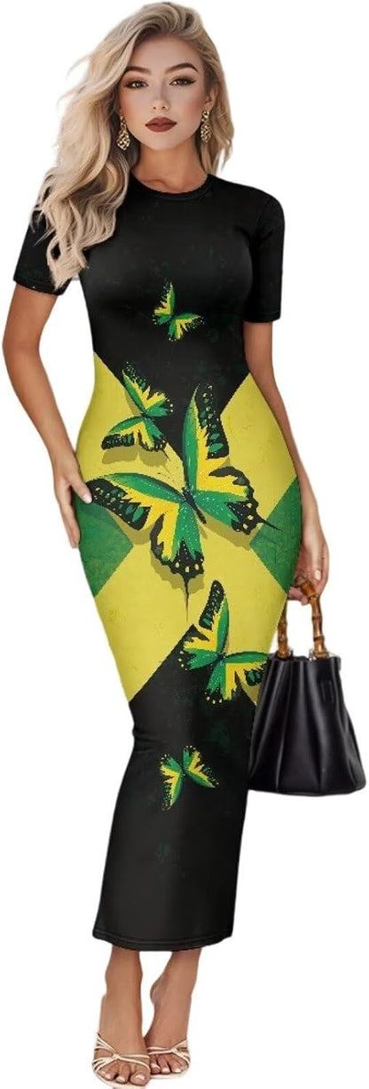 Women's Jamaican Flag Bodycon Midi Dress Short Sleeve Green Jamaica Lion