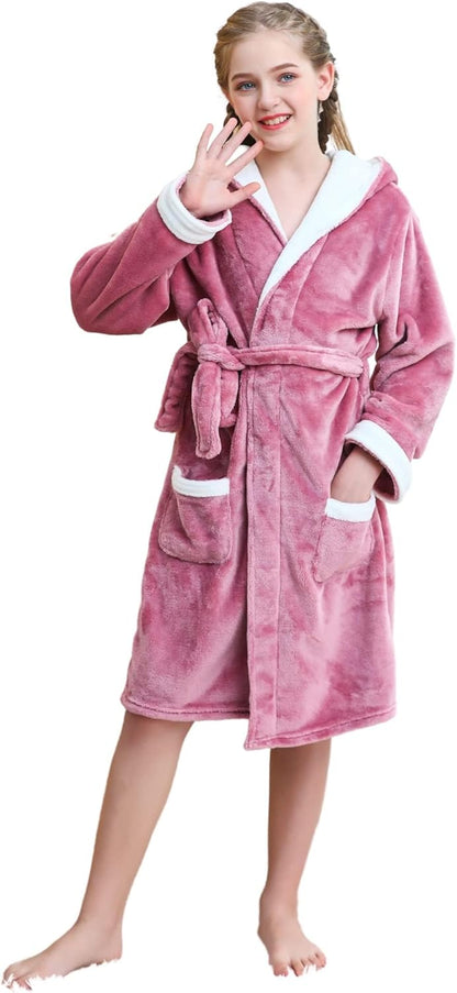 Girls Hooded Fleece Bathrobe - Soft Plush Warm Robe for Kids 3-14 Years Coral-white