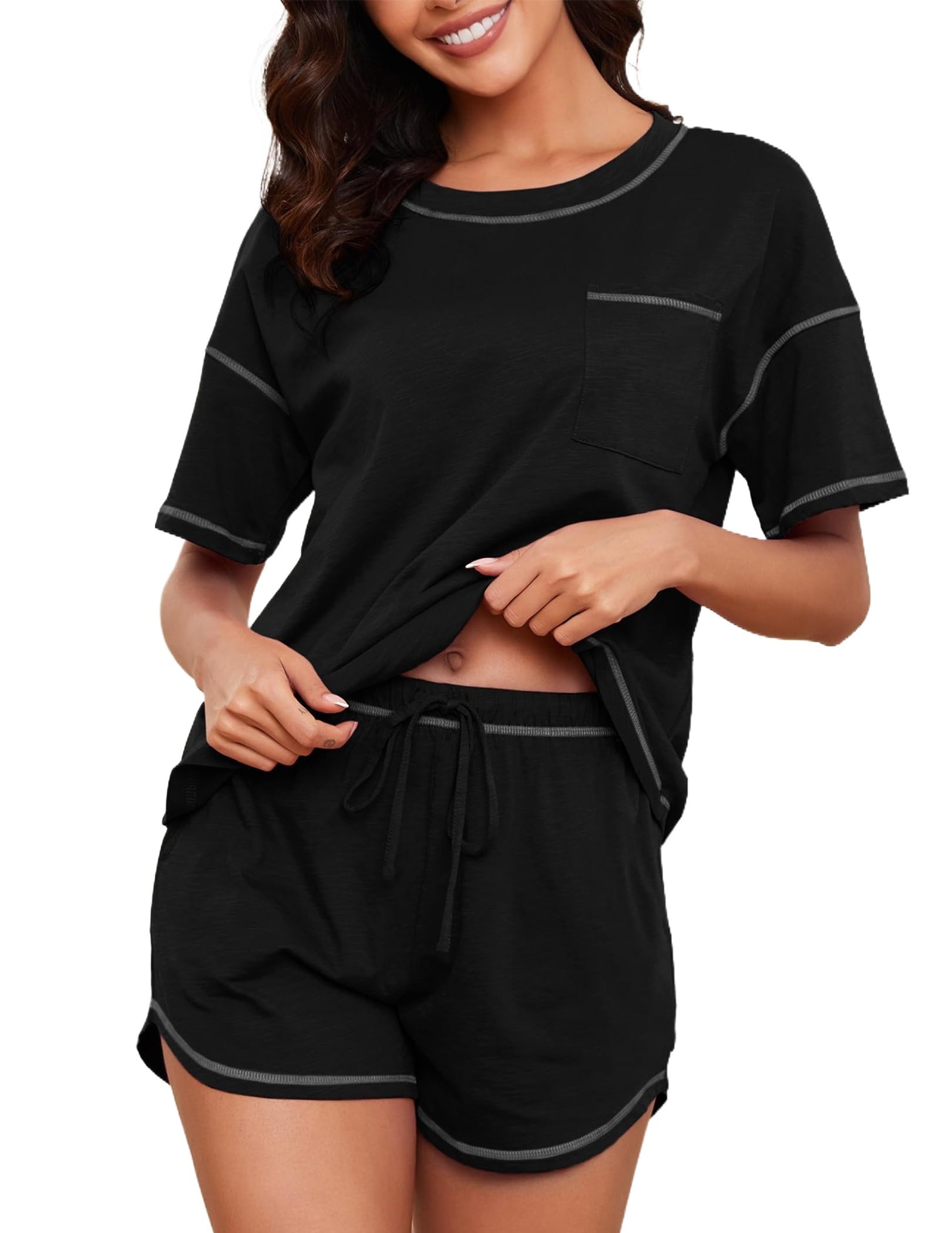 Women's Cotton Pajama Set - Short Sleeve Top and Shorts Sleepwear Lounge Set