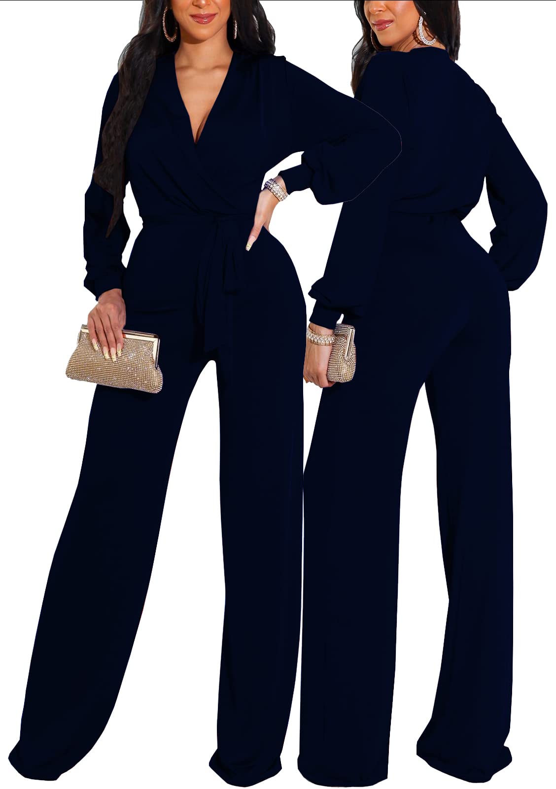 shengfan Formal Jumpsuits for Women Dressy Evening Sexy Deep V Neck Plus Size Long Wide Leg Pants Rompers Clubwear