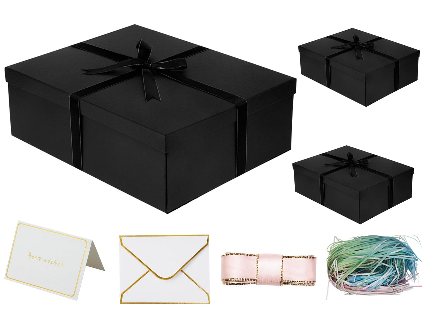 Large Gift Box with Lid 16.5x13x5.5 inches - Includes Card, Ribbons & Filler 1 count (Pack of 1) 01-black