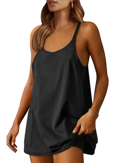 Athletic Dress Women Tennis Workout Sports Mini Romper with Built-in Shorts Black