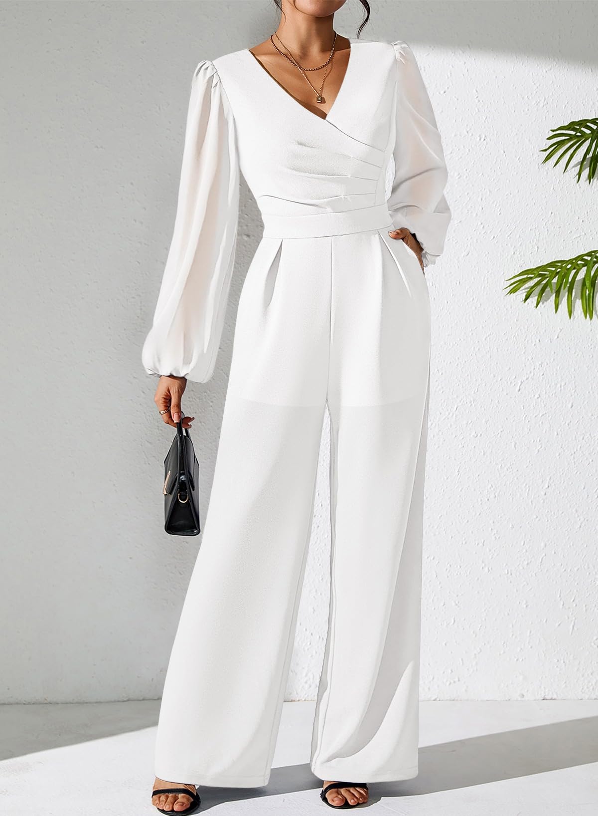 Pink Queen Jumpsuits for Women Dressy Patchwork Chiffon Sleeve V Neck Wide Leg Romper Holiday Party Outfits