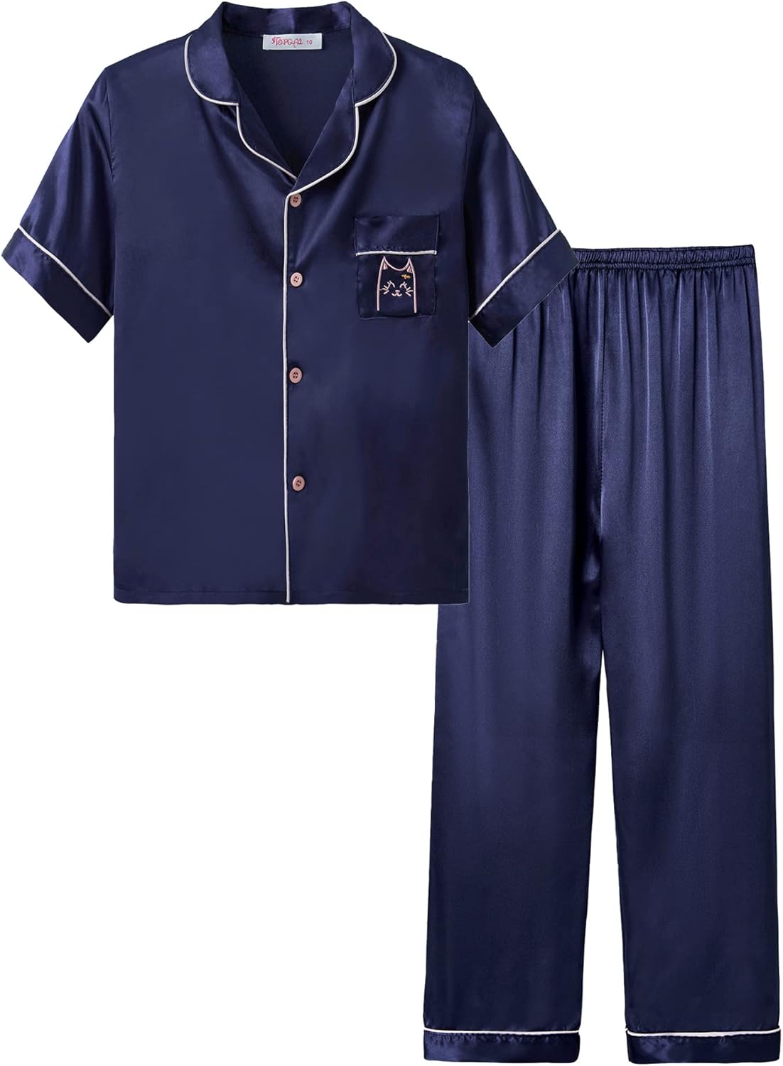 Girls Satin Pajama Set - Silky Button Down PJ with Shorts Size 6-16 Navy Cat (Short Sleeve & Pants)
