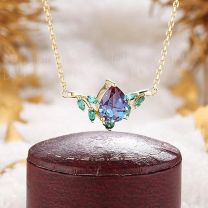 SHAMA JEWELS HUB Unique Alexandrite Spring Leaf Necklace Pendant Nature Inspired Yellow Gold Women Anniversary Necklace graduation gifts For Mom Jewelry