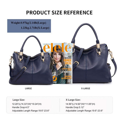 Women Genuine Leather Handbag - Soft Satchel Tote Shoulder Bag with Adjustable Strap