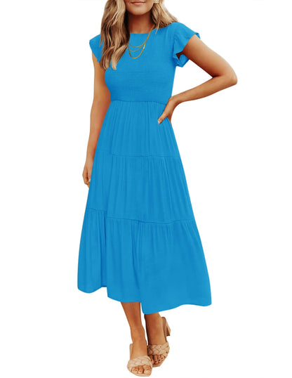 Blue Casual Dresses - Women's Summer Tiered Midi Dress - Flutter Sleeve Smocked Waist Cobalt Blue