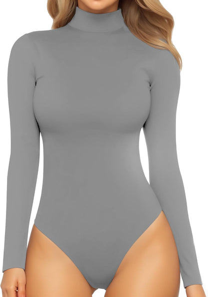 Mock Turtleneck Bodysuit - Long Sleeve Fitted Top with Snap Closure