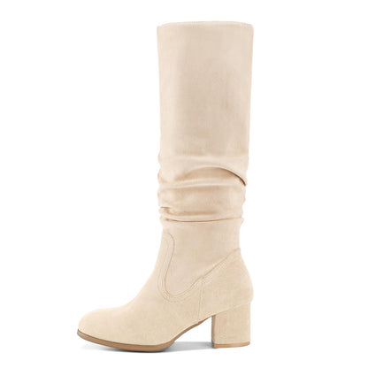 Shoe'N Tale Women's Knee High Boots Chunky Heel Pointed Toe Suede Slouch Winter Shoes with Side Zipper