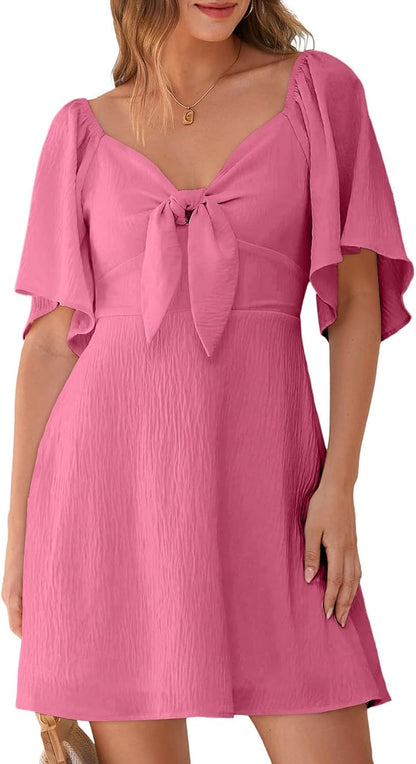 Women's Deep V-Neck Mini Dress with Bow Tie - Elegant Summer Fall Outfit