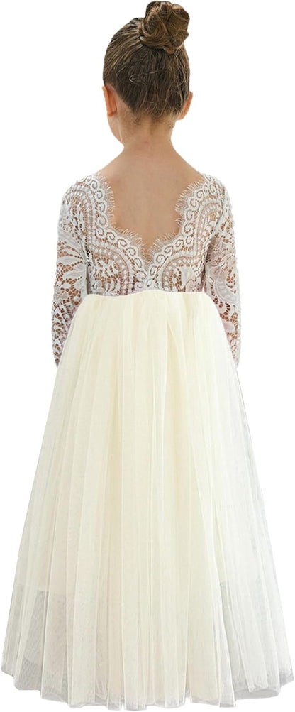 Girls Tulle Flower Girl Dress - Lace Back A-Line Party Dress Ivory Sleeve Maxi