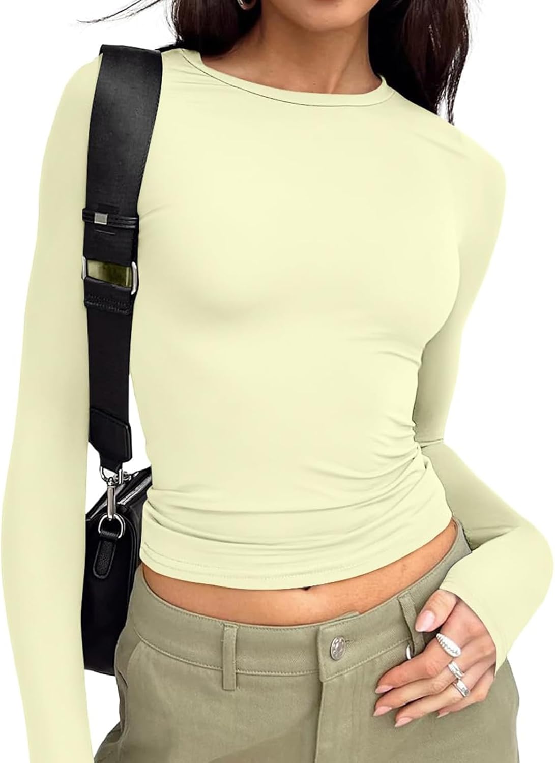 Long Sleeve Crop Top for Women - Stretchy Basic Tee with Crew Neck
