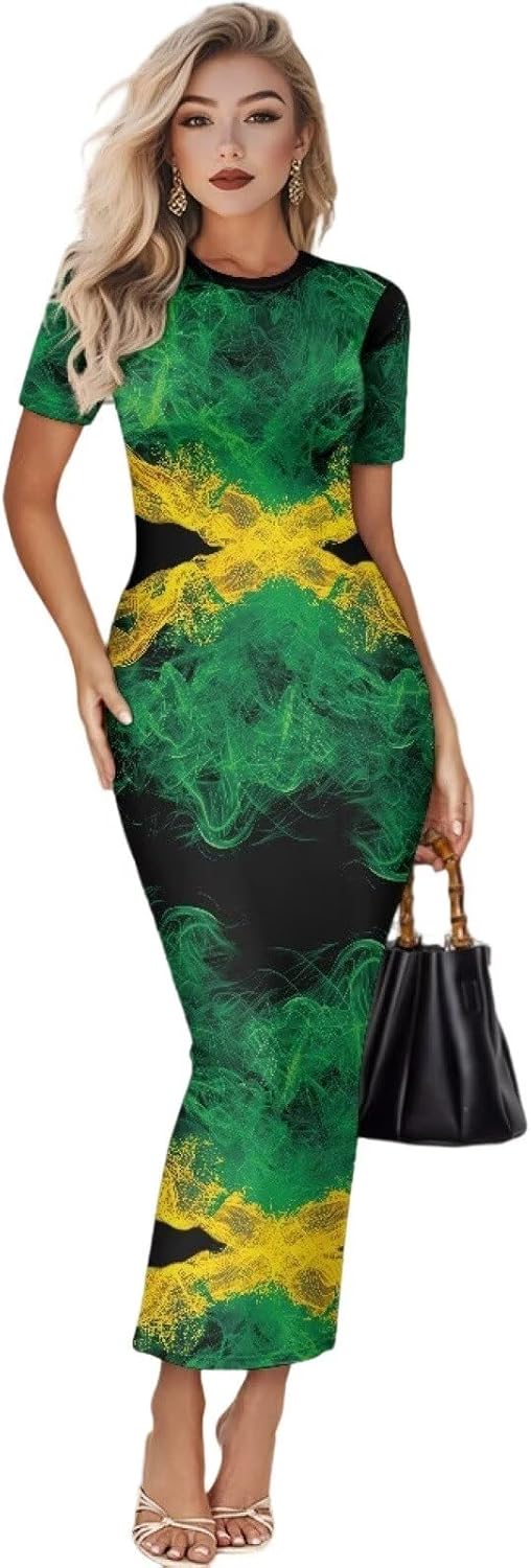 Women's Jamaican Flag Bodycon Midi Dress Short Sleeve Rasta Color Print