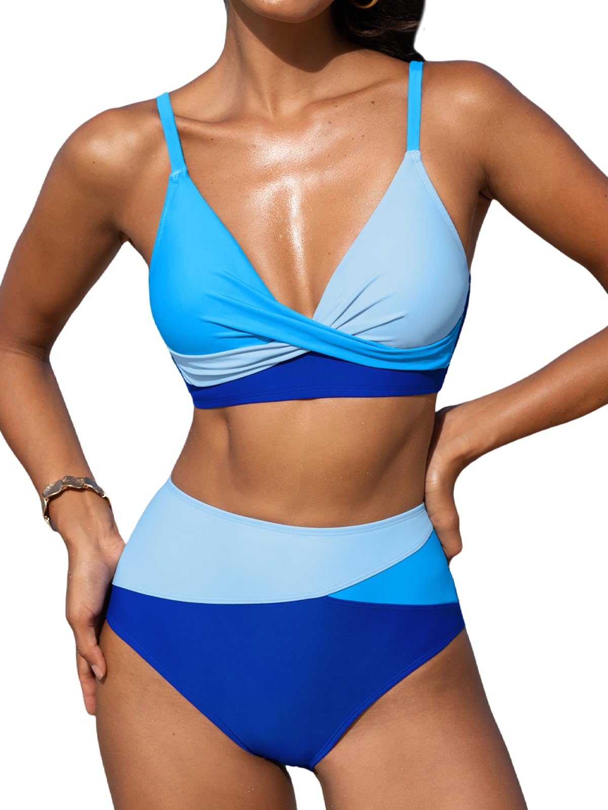 Women's High Waisted Bikini Set - V Neck Twist Front Two Piece Swimsuit with Adjustable Straps