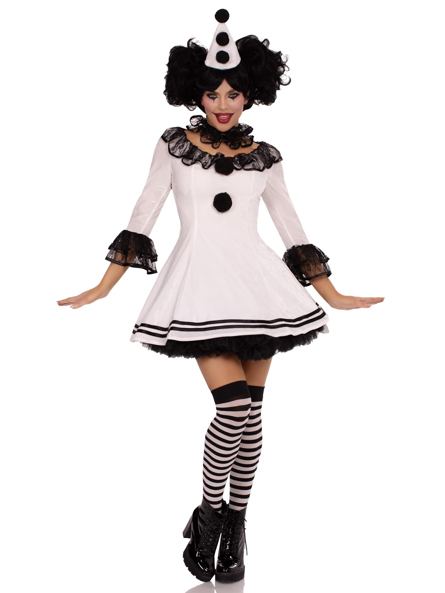 Pierrot Clown Costume - 3 Piece Women's Halloween Outfit with Dress