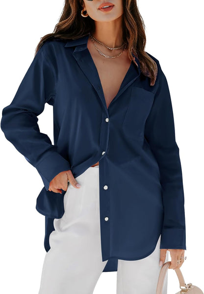 Women's Button Down Shirt - Long Sleeve V-Neck Blouse with Pockets Navy Blue Large