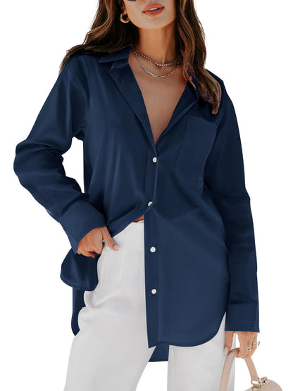 Women's Button Down Shirt - Long Sleeve V-Neck Blouse with Pockets