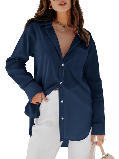 Women's Button Down Shirt - Long Sleeve V-Neck Blouse with Pockets X-Small Dark Blue-02