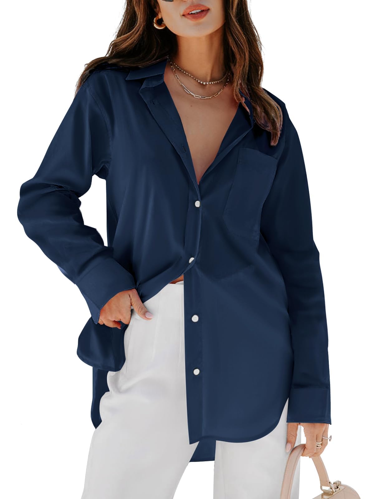 Women's Button Down Shirt - Long Sleeve V-Neck Blouse with Pockets X-Small Dark Blue-02