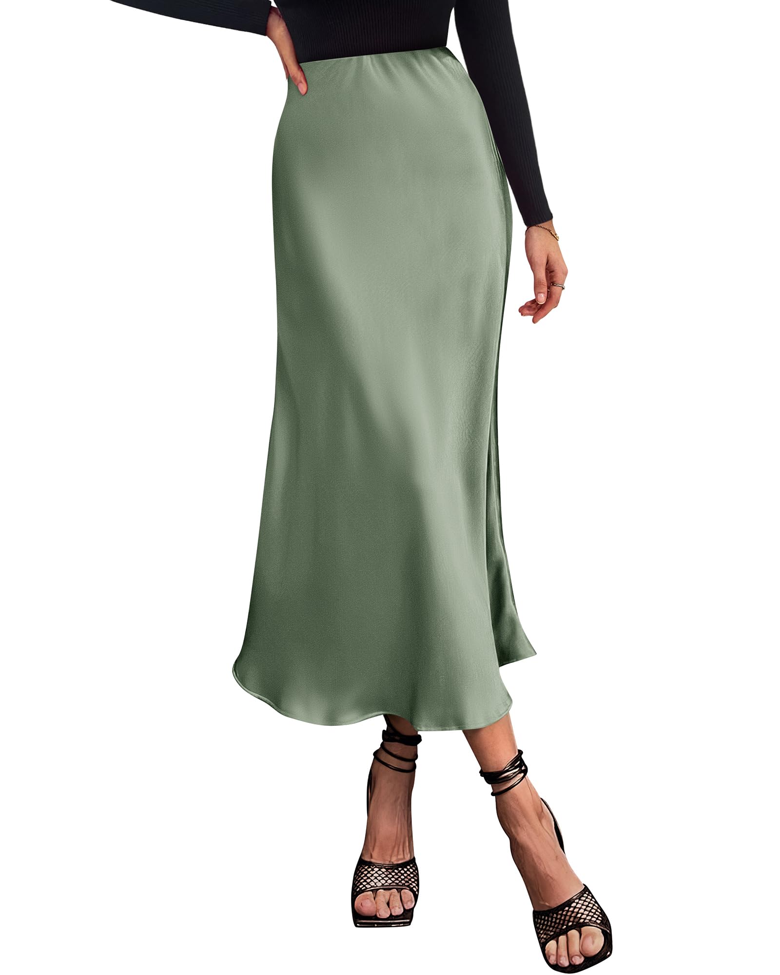 Women's High Waist Satin Midi Skirt - Elegant A-Line Flowy Party Wedding Skirt