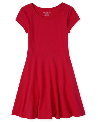 Girls Short Sleeve Skater Dress Round Neck Casual Summer Dress