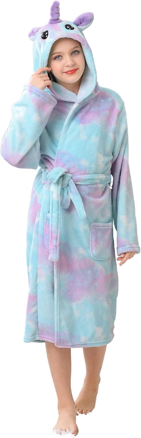 Girls Hooded Fleece Bathrobe - Soft Plush Warm Robe for Kids 3-14 Years