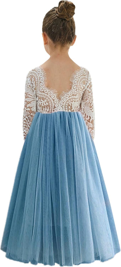 Girls Tulle Flower Girl Dress - Lace Back A-Line Party Dress Dusty Blue