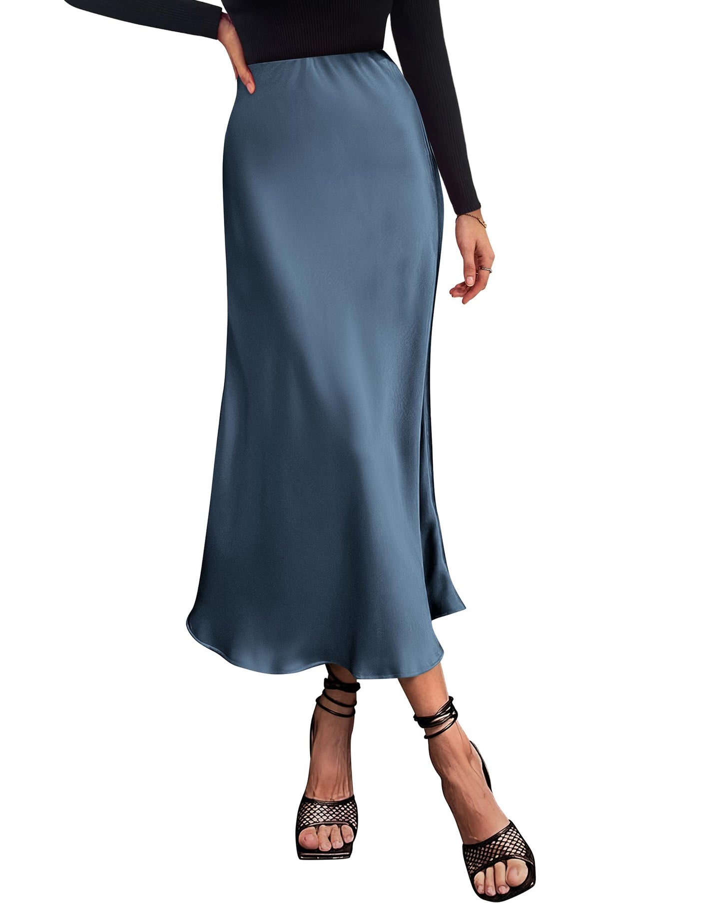 Women's High Waist Satin Midi Skirt - Elegant A-Line Flowy Party Wedding Skirt Grey Blue