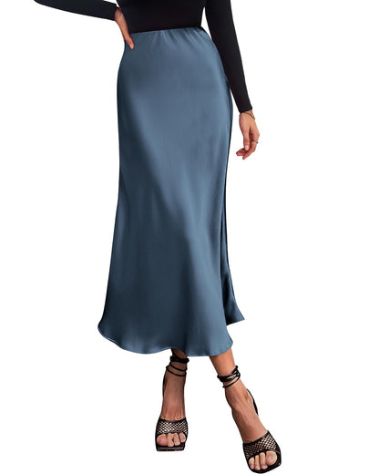 Women's High Waist Satin Midi Skirt - Elegant A-Line Flowy Party Wedding Skirt
