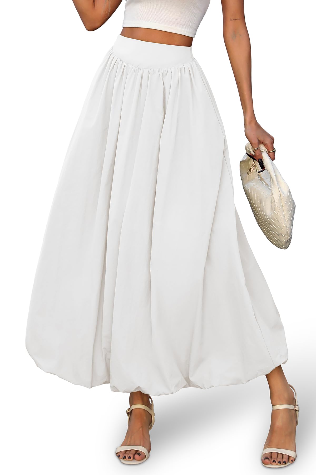 Bubble Skirt with Pockets - Elastic Waist Y2K A-Line Long Skirt for Women White