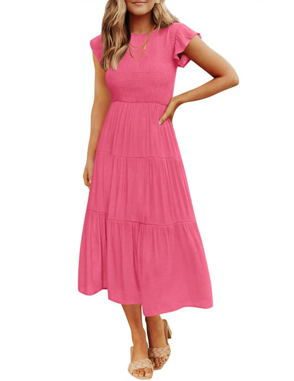 Blue Casual Dresses - Women's Summer Tiered Midi Dress - Flutter Sleeve Smocked Waist Hot Pink