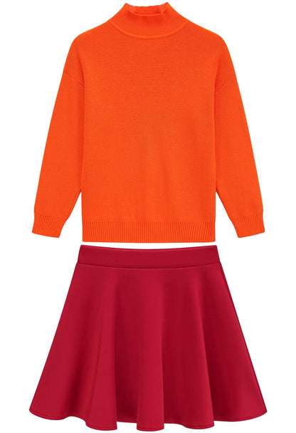 Halloween Costume Set for Women - Orange Turtleneck Sweater & Skirt Cosplay Outfit