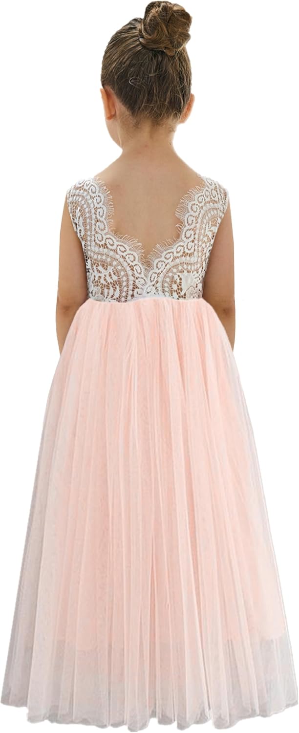 2Bunnies Girl Peony Lace Back A-Line Straight Tutu Tulle Party Flower Girl Dress #2 Pink Sleeveless Maxi